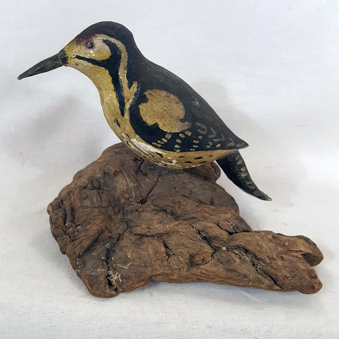 Pa Carved and Painted Flicker on Natural Plinth Ca 1880: A well carved and painted example of an unusual bird subject. From an old collection. 6 1/2" long x 4 3/4" overall width Please note that this lot has a confidential reserve. When you leave a bid in a
