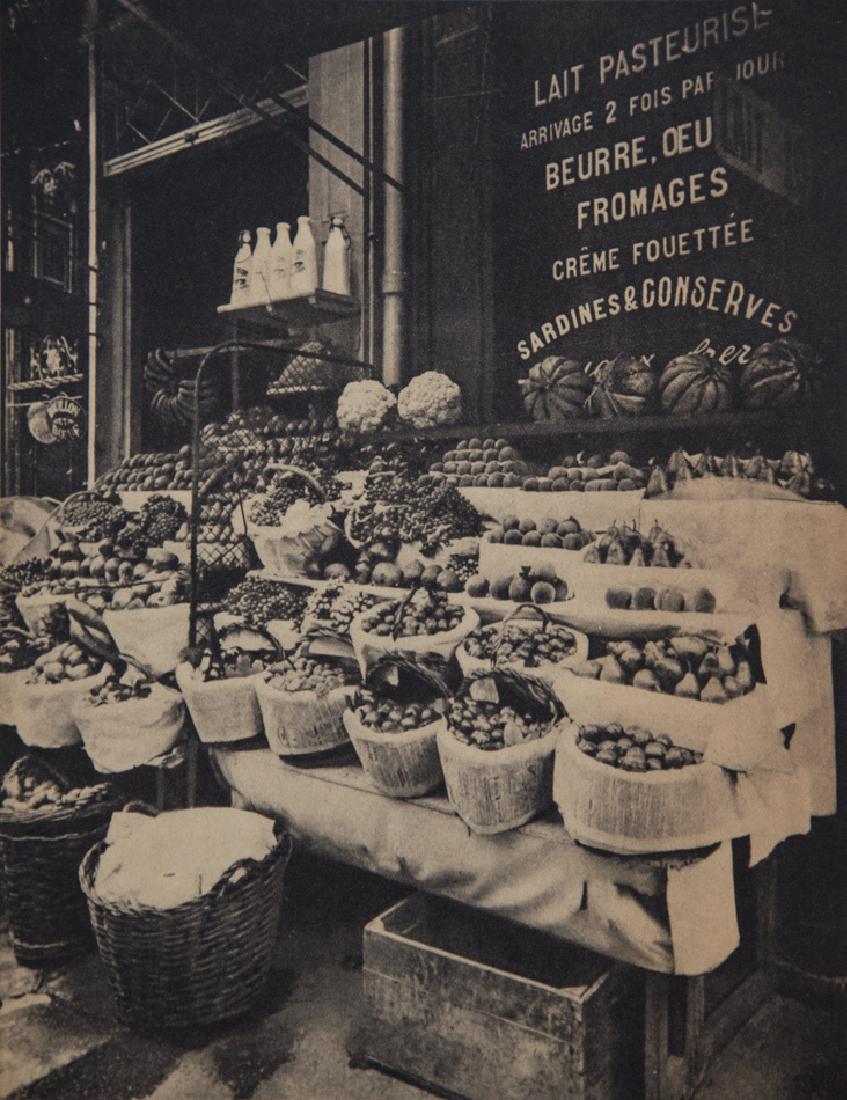 EUGENE ATGET - Produce Display, rue Sainte-Opportune: Artist: Eugene Atget Title: Produce Display, rue Sainte-Opportune, 1908 Medium: 1945 Sheet Fed Gravure, France Dimensions: 6.5x8.25" Wax Tissue Heat Mounted on 11x14" acid free conservation board Come