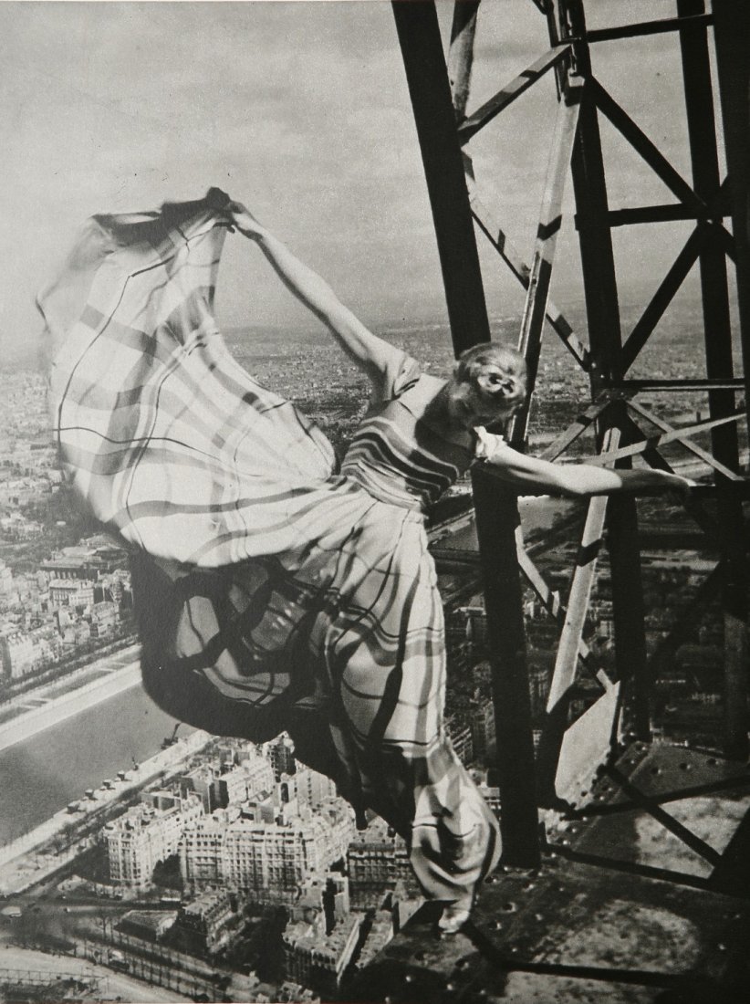 ERWIN BLUMENFELD - Model Lisa Fonsaagrives: Artist: Erwin Blumenfeld Title: Model Lisa Fonsaagrives Eiffel Tower Lelong Dress Paris 1939 Date Printed: 1979 Medium: HelioGravure Printer: Electa Printer Location: Milan ITALY Size: 22x29.1 cm - 8.