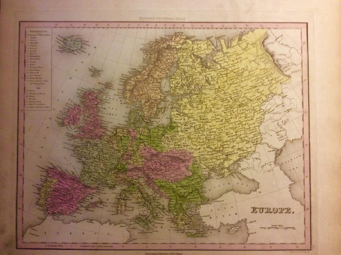 Europe by Tanner: Europe by Tanner 1843 based on the work of H.C. Tanner 17" x 14" Hand colored engraved Map based on the work of H.C. Tanner from the first edition published by Carey & Hart after acquiring the rights