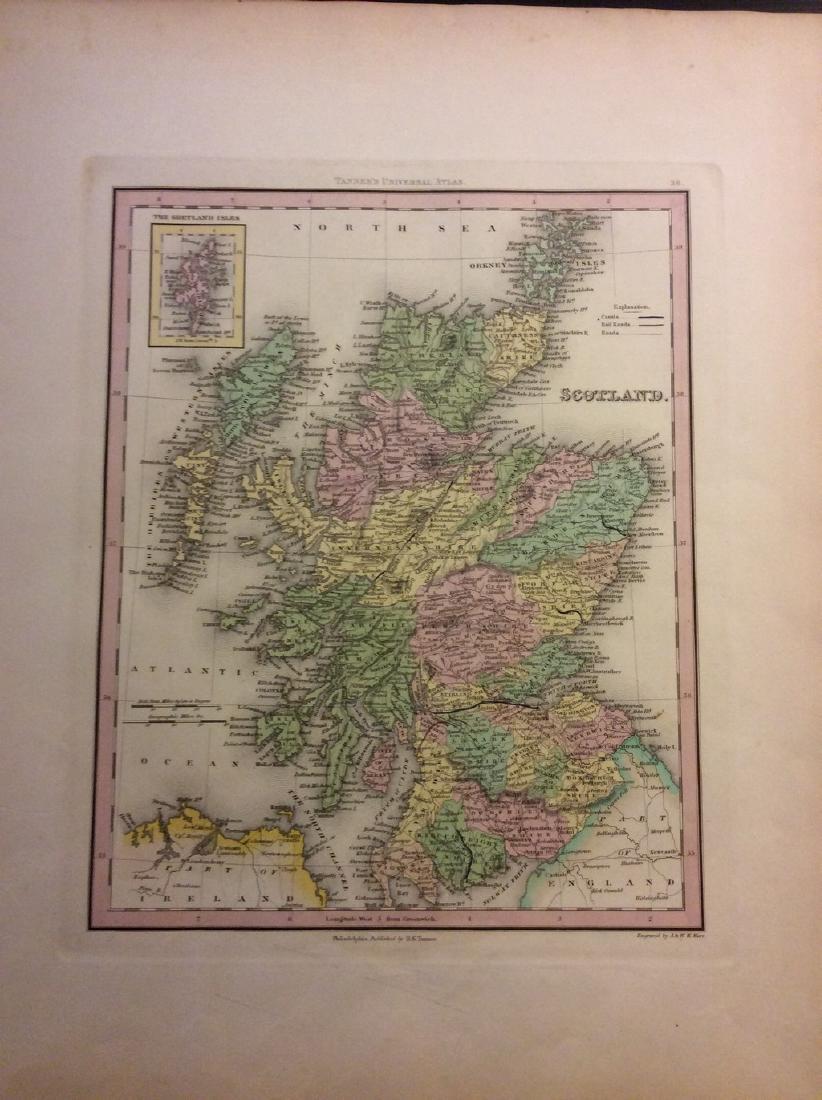 Scotland by Tanner: Scotland by Tanner 1843 based on the work of H.C. Tanner 17" x 14' Hand colored engraved Map based on the work of H.C. Tanner from the first edition published by Carey & Hart after acquiring the right