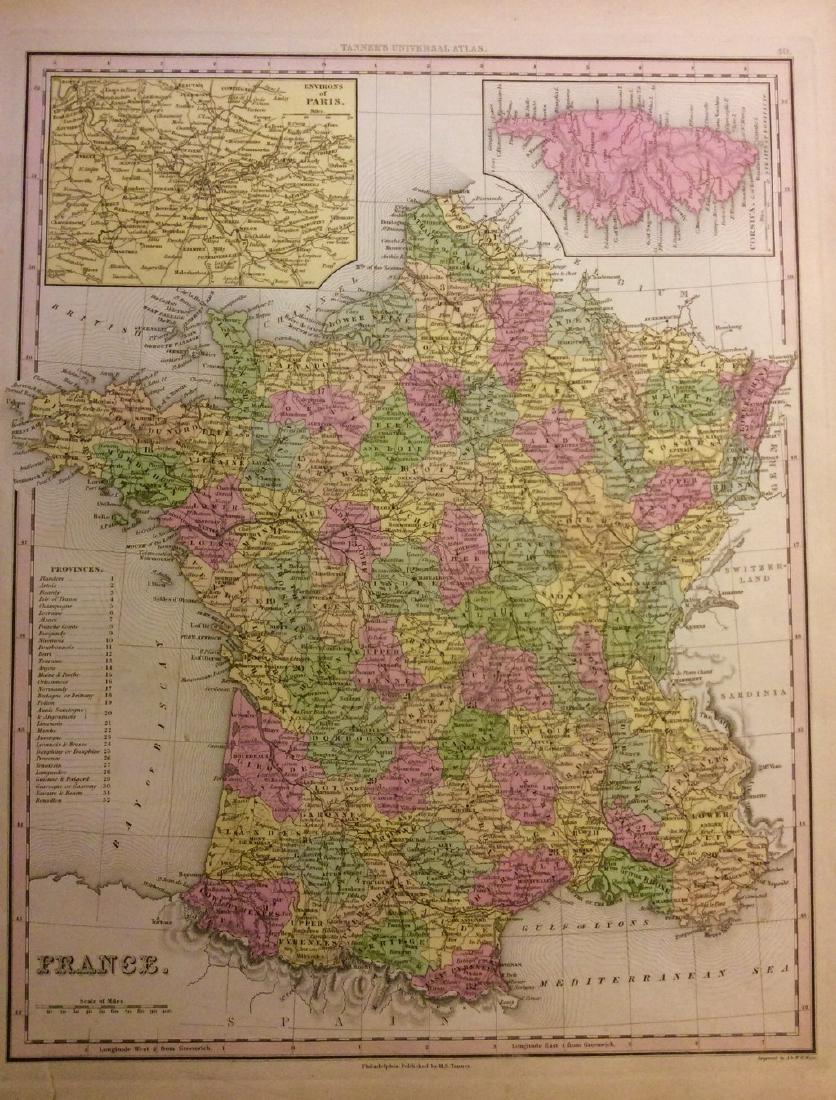 France with inserts of Corsica & Paris: France with inserts of Corsica & Paris 1843 based on the work of H.C. Tanner 17" x 14" Hand colored engraved Map based on the work of H.C. Tanner from the first edition published by Carey & Hart after