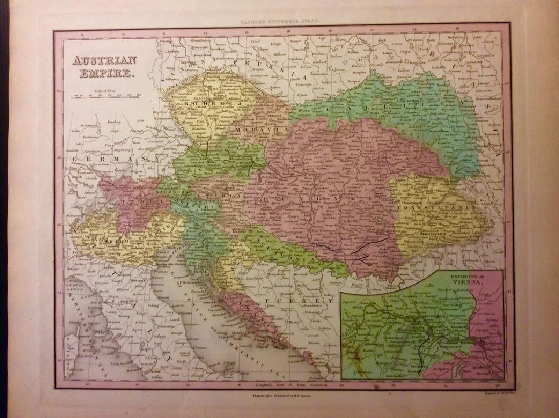 Austrian Empire by Tanner: Austrian Empire by Tanner 1843 based on the work of H.C. Tanner 17" x 14" Hand colored engraved Map based on the work of H.C. Tanner from the first edition published by Carey & Hart after acquiring th