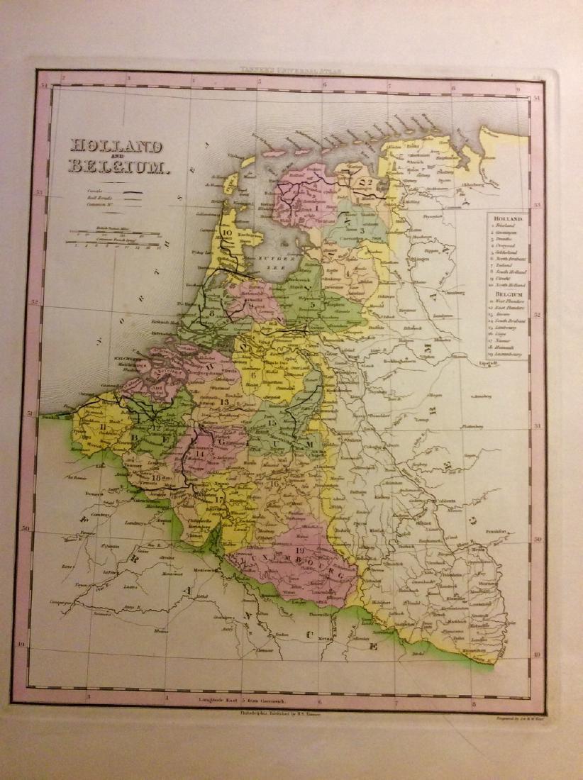 Netherlands & Belgium by Tanner: Netherlands & Belgium by Tanner 1843 based on the work of H.C. Tanner 17" x 14" Hand colored engraved Map based on the work of H.C. Tanner from the first edition published by Carey & Hart after acquir
