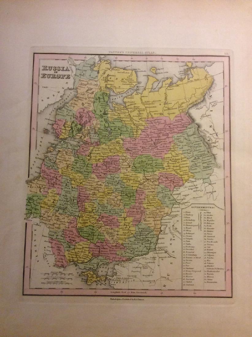 Russia by Tanner: Russia by Tanner 1843 based on the work of H.C. Tanner 17" x 14" Hand colored engraved Map based on the work of H.C. Tanner from the first edition published by Carey & Hart after acquiring the rights