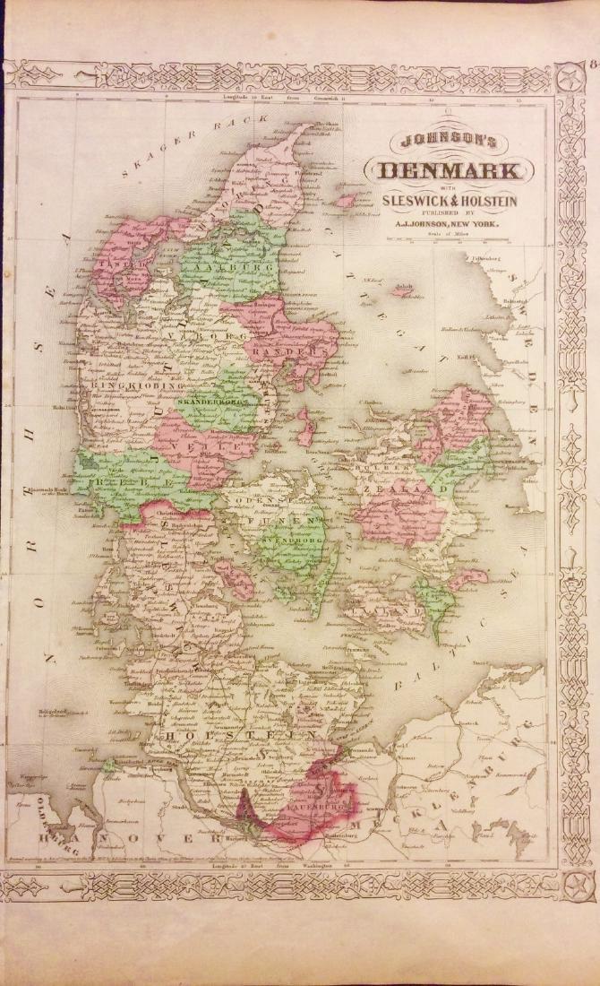 Denmark showing the recently lost provinces of Sleswick: Denmark showing the recently lost provinces of Sleswick & Holstein 1869 A.J. Johnson 11" x 18" Hand colored engraved Map. Published in New York in Johnson's New Illustrated Family Atlas of the World.