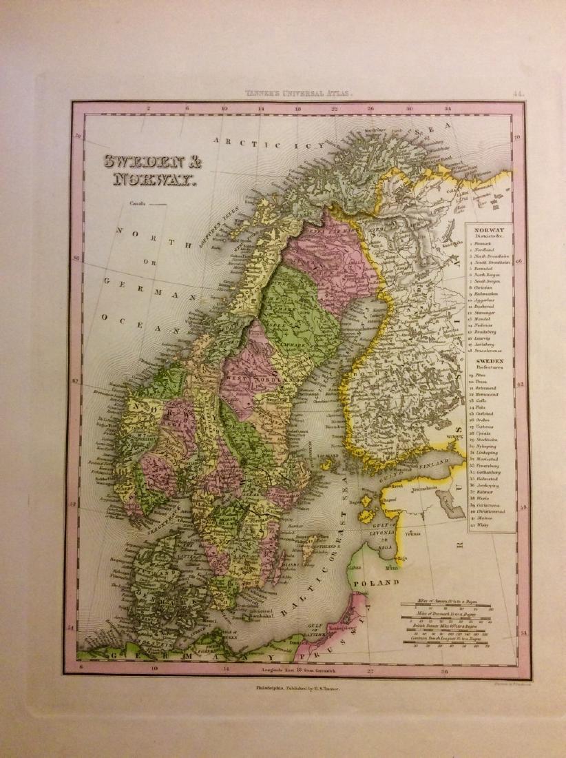 Sweden & Norway by Tanner: Sweden & Norway by Tanner 1843 based on the work of H.C. Tanner 17" x 14" Hand colored engraved Map based on the work of H.C. Tanner from the first edition published by Carey & Hart after acquiring th