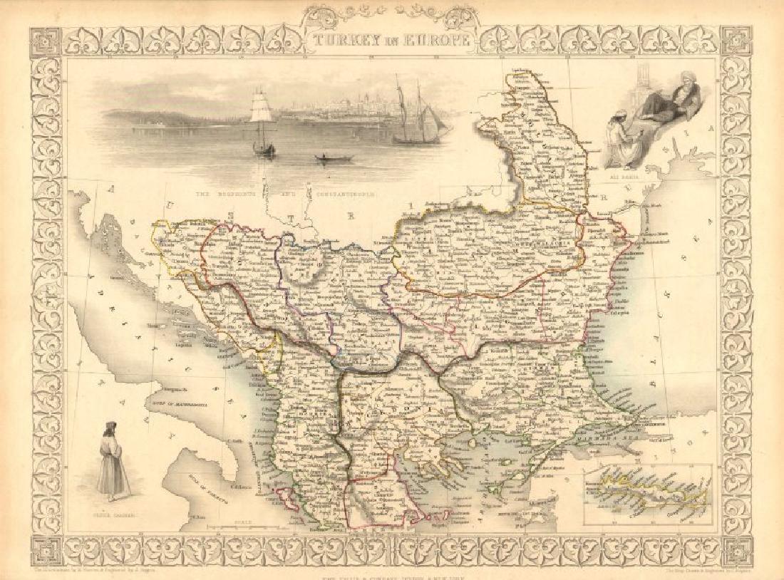 Tallis/Rapkin: Antique Map of Turkey in Europe, 1851: TITLE/CONTENT OF MAP: 'Turkey in Europe' Vignettes: The Bosphorus and Constantinople; Ali Pasha; Greek Caloyer. The Balkans: Rumilia, Macedonia, Albania, Wallachia, Moldavia, Bulgaria, Servia, Bosnia,