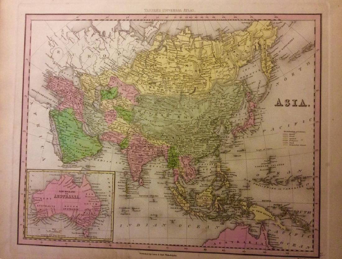 Asia by Tanner: Asia by Tanner 1843 based on the work of H.C. Tanner 17" x 14" Hand colored engraved Map based on the work of H.C. Tanner from the first edition published by Carey & Hart after acquiring the rights fr