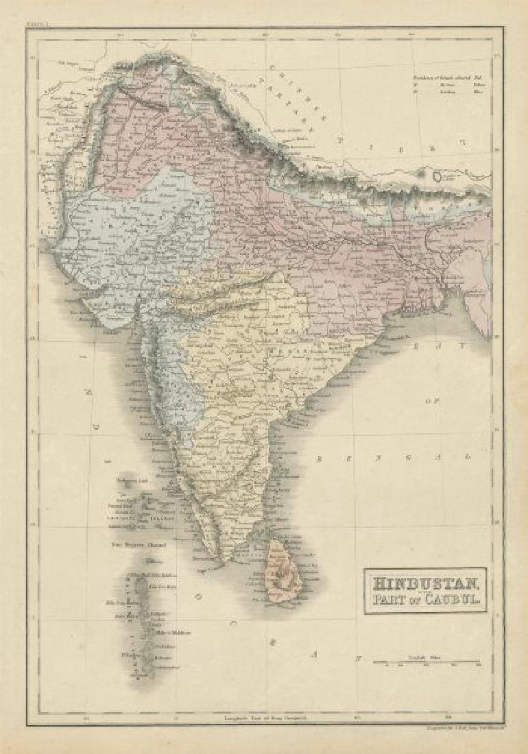 Sidney Hall: Antique Map of British India & Afghanistan: TITLE/CONTENT OF MAP: 'Hindustan, with part of Caubul' British India & Afghanistan. DATE PRINTED: 1856 IMAGE SIZE: Approx 41.0 x 28.5cm, 16 x 11.25 inches (Large) TYPE: Antique atlas map with original