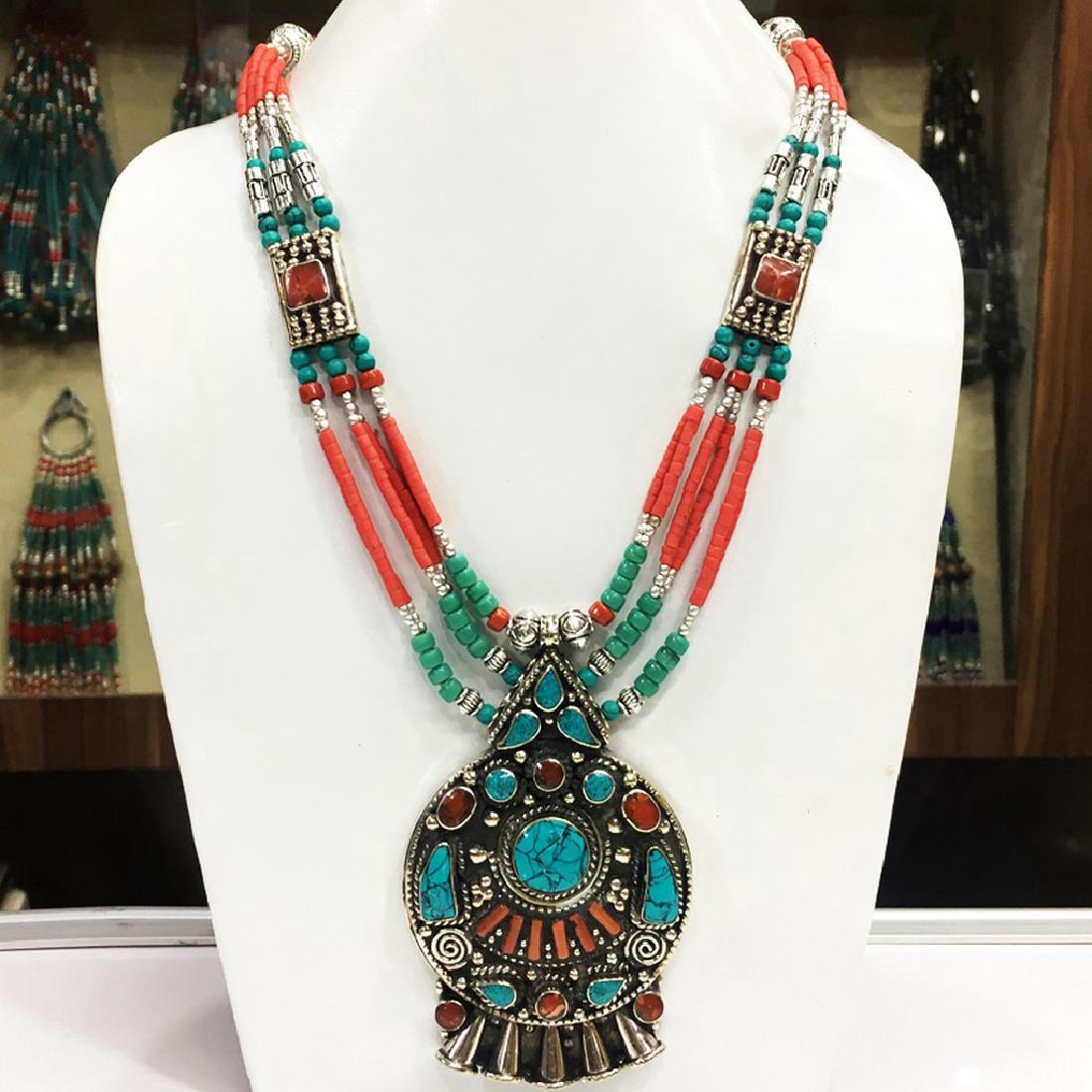 Tibetan Turquoise & Coral Handmade Statement Necklace (1 of 1)