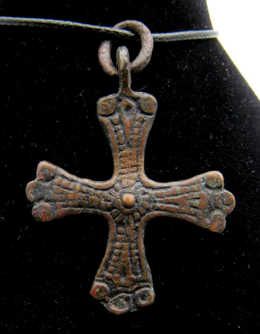 Medieval Viking Scandinavian Period Cross Pendant: Date: 9th – 11th c. AD Material: Bronze Provenance: Obtained from an old British collection; Purchased from a private London collector, acquired between 1960-1990. Dimensions: 45x32mm; 5.2grams Medi