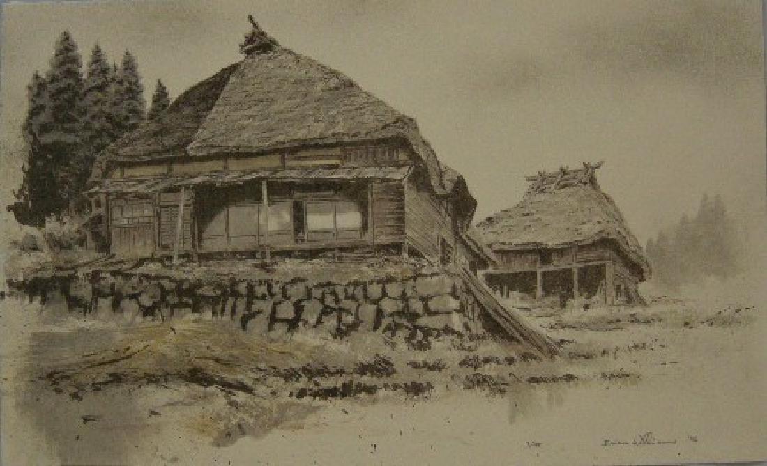 Brian Williams Lithograph Shiono-Machi: Artist: Brian Williams Medium: lithograph, with added hand brush strokes Title: "Shiono-Machi" Edition: 3/48 Dated 1986 Framed size is 20" by 29" In excellent condition Shioni-Machi is an old farmhous