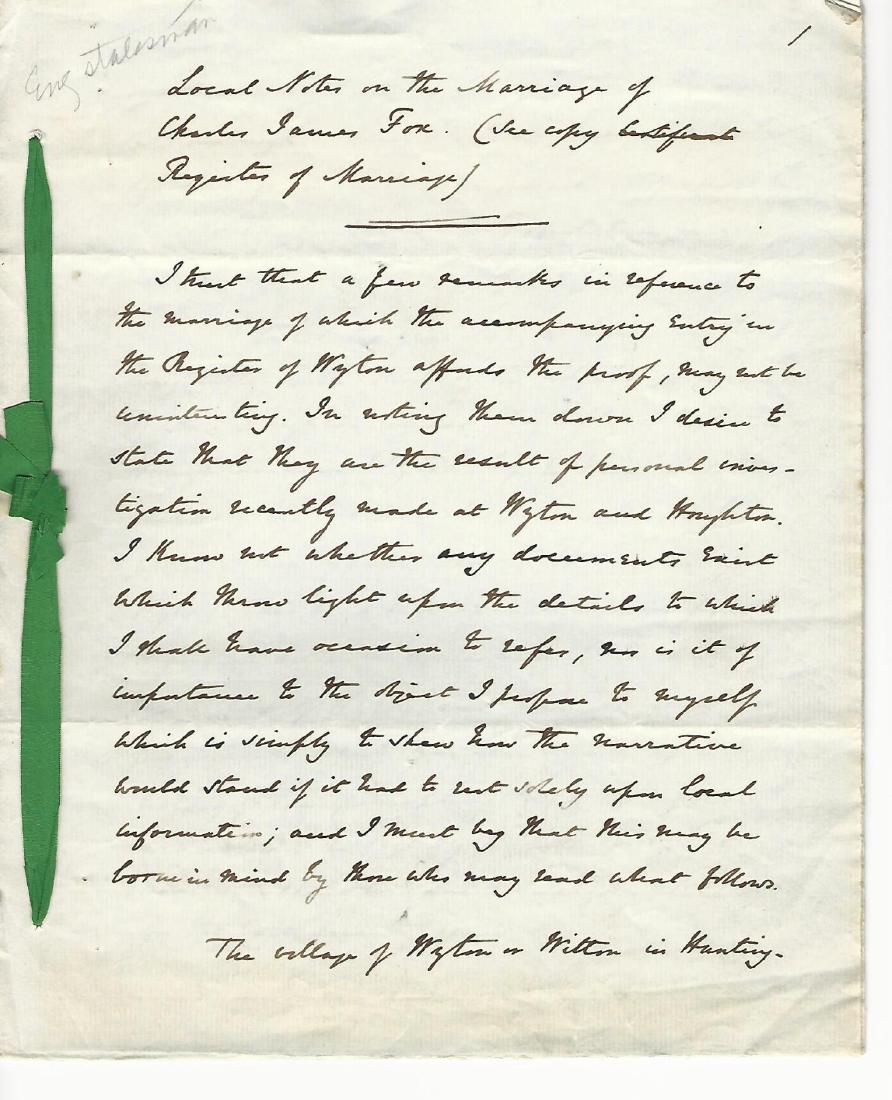 1859 Interesting Manuscript Marriage Charles James Fox (1 of 2)