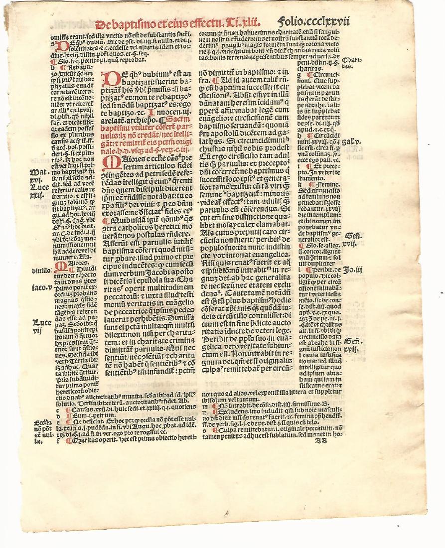 1516 Leaf Decretales Pope Gregory IX Paris: 1516 leaf printed at Paris, Decretales of Pope Gregory IX. Fine printing in red and black. Accompanied by color copy of the title leaf. Measures 7 x 9”. Please note that this lot has a confidential 