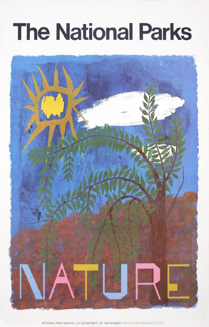 Ben Shahn Offset Lithograph National Parks Nature: National Parks Nature After Ben Shahn, 1974 Unsigned Offset Lithograph. Paper size is 42 x 28 inches, with an image size of 32.75 x 25 inches. The Offset Lithograph is from an unknown edition size. an