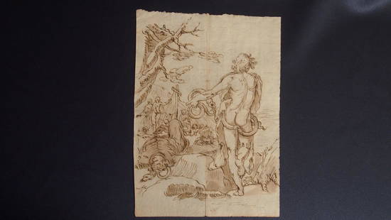 Luca Cambiaso, Attrib. Satan Tempting Man: Attrib.to Luca Cambiaso-1527-1585 Satan Tempting Man Pen and brown ink/wash 5.5x7.9 16th cent drawing, very Raphaelesque, influenced by Correggio and late Venetian School. Exaggerated gestures. Small