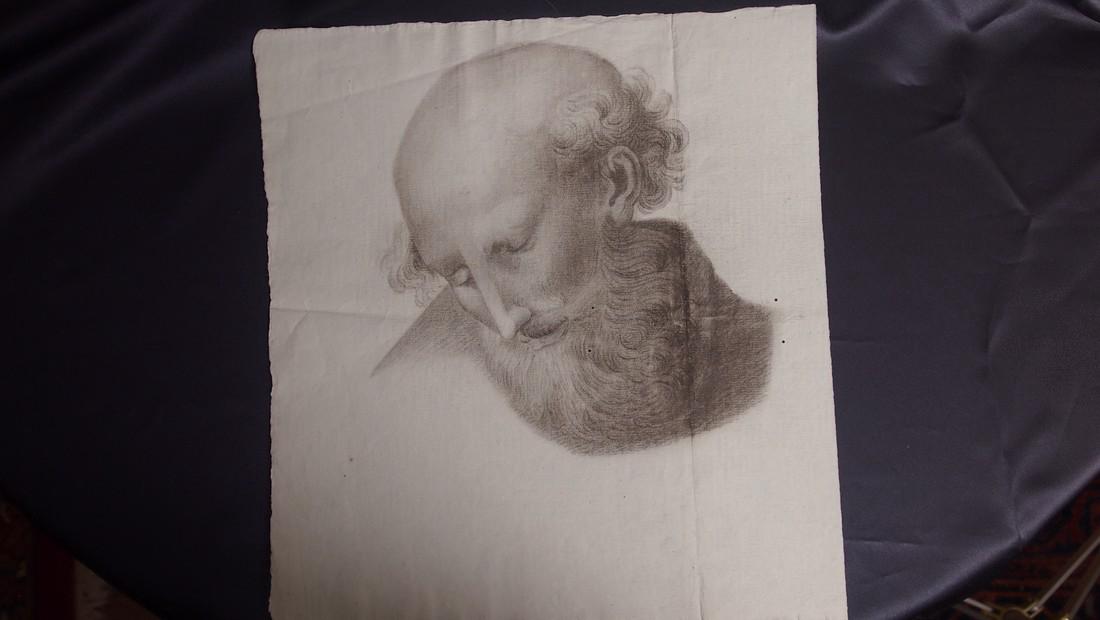 Antonio Cavallucci, Attrib. Head of Apostle: Attrib. to Antonio Cavallucci -1752-1813 Head of Apostle Black/Brown Chalk 14.12x5 Antonio Cavallucci, Sermoneta 1752-1795 Rome. Painter of late Baroque, pupil of Pozzi and Lapi in Rome. Woven waterma