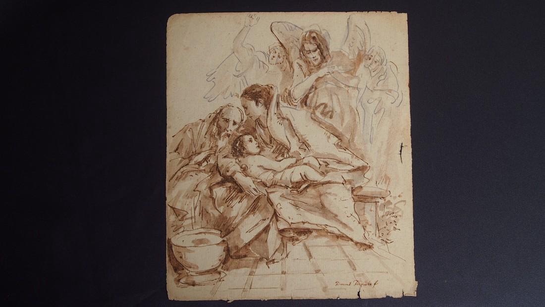 Domenico Tiepolo, Venice, 1727-1804 Jesus, Mary, Joseph: Domenico Tiepolo,Venice,1727-1804 Jesus, Mary, Joseph brown ink, wash, pencil 8x7.4 Domenico Tiepolo studied under his famous father Giovanni Battista. His tour de force was his 104 drawings of Punchi