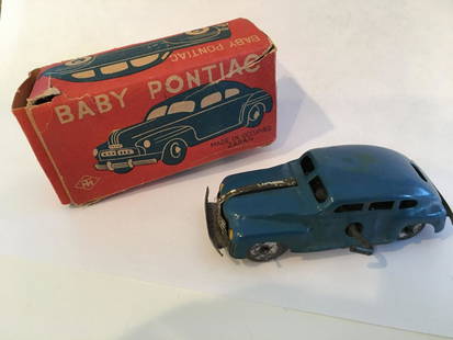 Vintage Occupied Japan Tin "Baby Pontiac" Car in Box: Vintage Occupied Japan Tin "Baby Pontiac" Wind Up Car w/Original Box Baby Pontiac Tin Litho Toy Car Occupied Japan wind up 3.25" Blue Works! With BOX Baby Pontiac tin litho wind up car made in Occupie