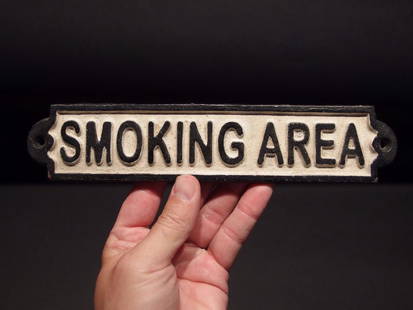 Cast Iron Smoking Area Plaque Sign: 9 1/2" Wide ear to ear 2" height A wonderful reproduction cast iron "Smoking Area" sign that showcases the skill ingenuity, craftsmanship of the early to mid 1900s. Not only does they look like an