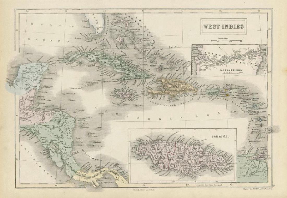 Sidney Hall: Antique Map of the West Indies, 1856: Title/Content of Map: 'West Indies [inset: Panama Railway, Jamaica]' Date Printed: 1856 Image Size: Approx 29.0 x 42.0cm, 11.25 x 16.5 inches (Large) Type: Antique atlas map with original hand colouri