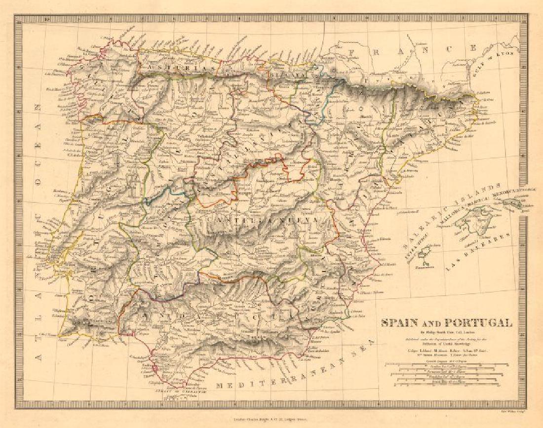 SDUK: Antique Map of Spain & Portugal, 1845 (1 of 2)