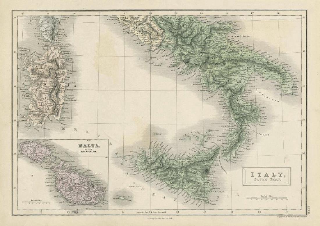 Sidney Hall: Antique Map of South Italy, 1856 (1 of 2)