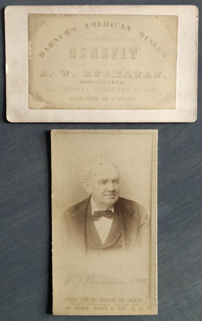 Pair of PT Barnum CDV's: Pair of PT Barnum CDV's Duke & Sons, Bostwick & Bancker, NY 1870 - 1890 2 3/8" x 4 1/8" and 2 1/2" x 4 1/8" Unusual pair of Barnum images. One being issued by Duke & Sons Tobacco, with a older image o