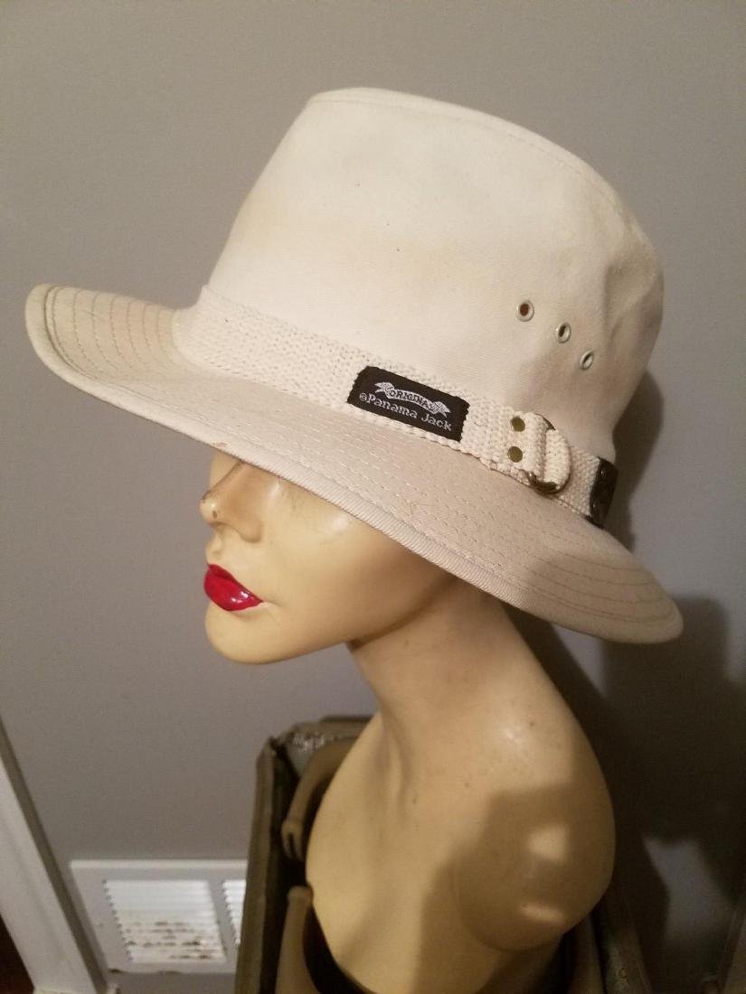 Vintage Panama Jack Canvas Safari Fedora Hat: Vintage Panama Jack canvas Safari Fedora Hat. Amazing find from the late 1970'summer this one is an original and rare Panama Jack canvas Fedora hat. Metal grommets on either side.& decorative brass ho