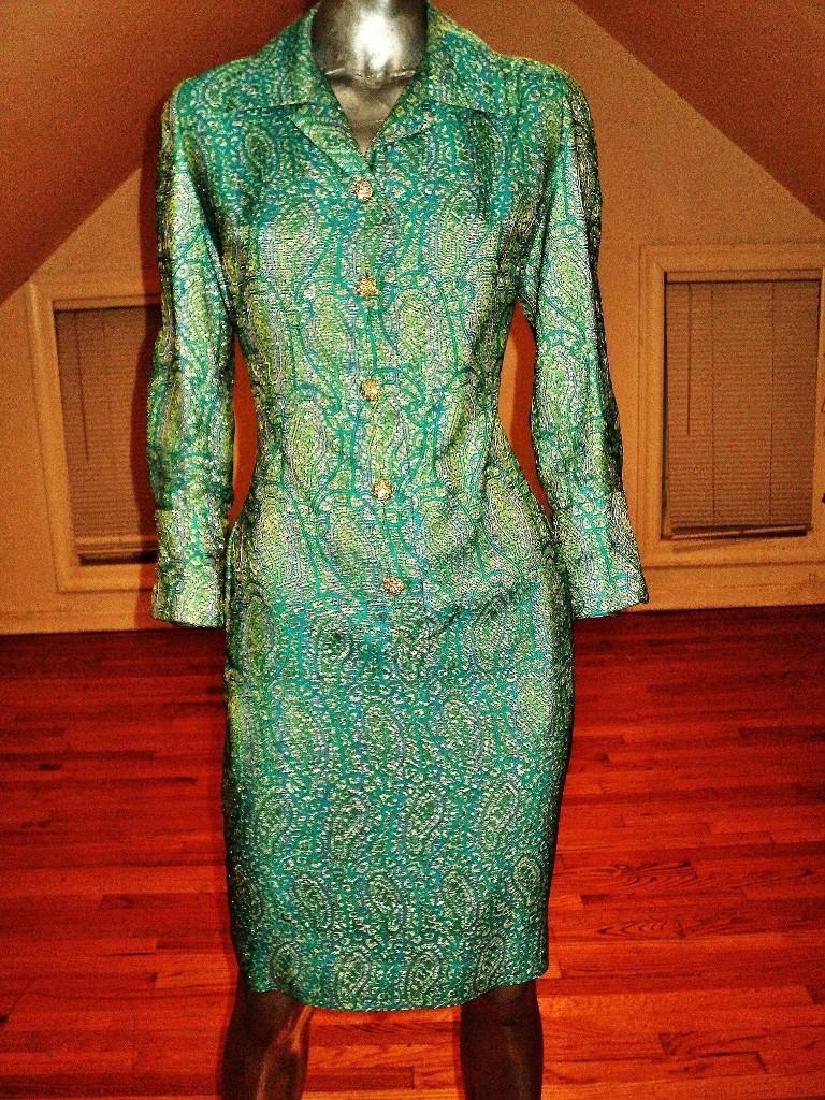 Vintage 1960's Metallic Brocade Coat Dress Aqua (1 of 4)