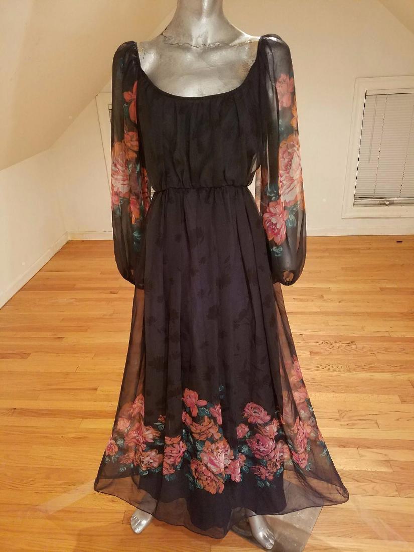Vintage Victor Costa 1970's Floral Chiffon Maxi Gown: Vintage Victor Costa 1970's floral chiffon maxi gown semi empire. This one is from the early 1970's By famous designer Victor Costa but this label is a rare one since it is The Victor Costa LTD which 