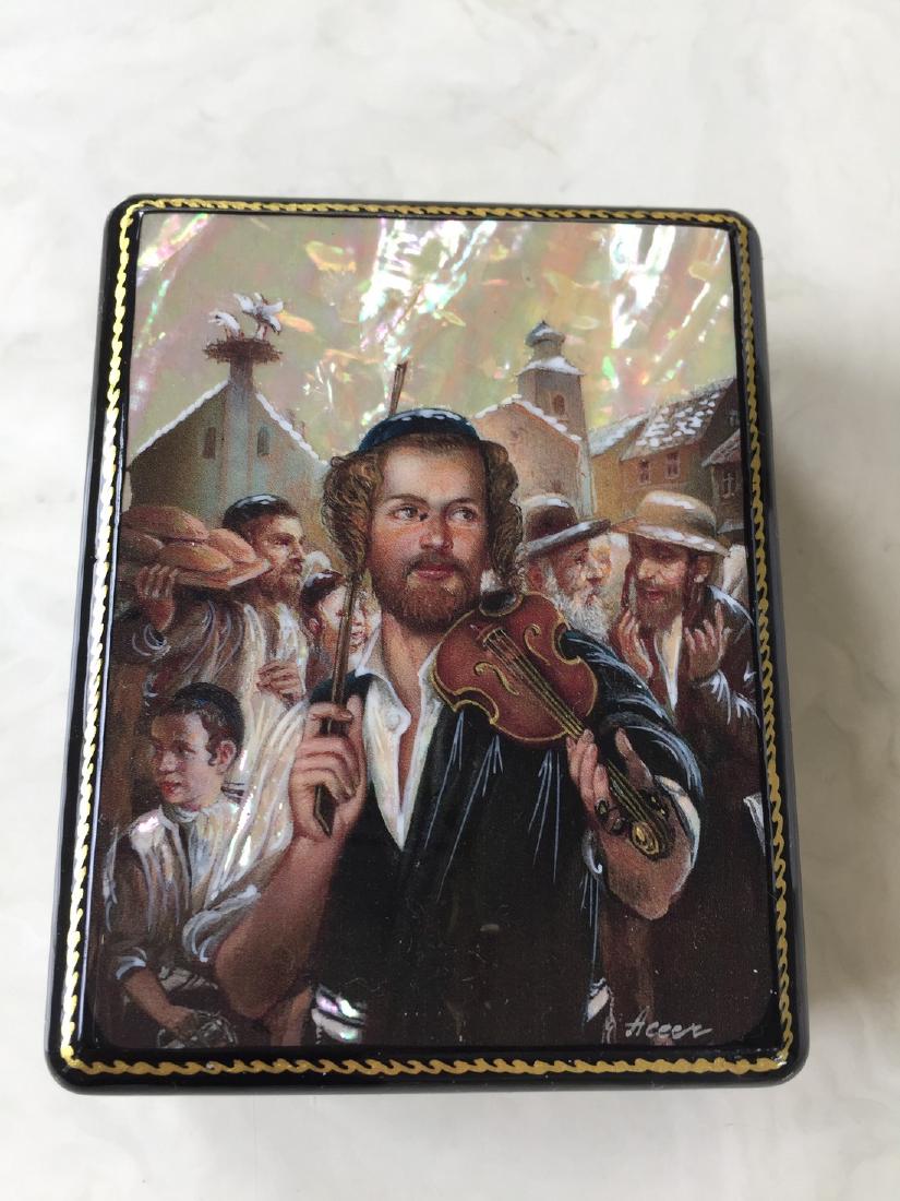 Russian Souvenir Paper Mâché Lacquer Box - Violin: Item: Russian souvenir paper mâché lacquer box - Violin Size:3x3,7x1,5 in. Or 7,5x9,5x3,5 cm. Russian souvenir paper mâché lacquer boxes. Painting on mother of pearl. Judaica subjects Please note 