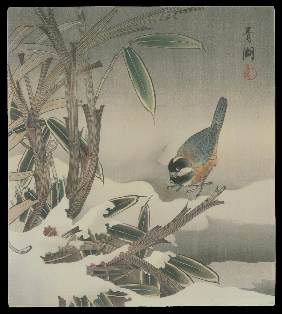 Okuhara Seiko Woodblock Bird and Bamboo in Snow: Artist: Okuhara Seiko Title: Bird and Bamboo in Snow Date: circa 1910 Medium: Woodblock print Size: 10 3/4 x 9 1/2 inches Artist's seal in the upper right corner Seiko Okuhara (1837-1918) was a female