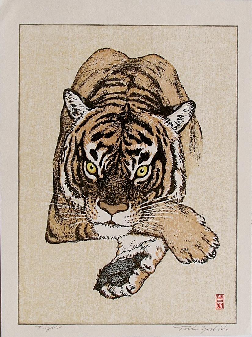 Toshi Yoshida Woodblock Tiger: Artist: Toshi YOSHIDA Subject: Tiger Publisher: Yoshida studio Signature: Toshi Yoshida (impressed) Date: c. 1950 Format: chûban Medium: Japanese Woodblock Print Condition: Fine impression, color and