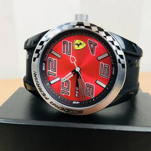 Scuderia Ferrari – Red Rev T Chronograph Sports Watch: • Silver and Black steel & ABS polymer case.• Silicone strap.• Red dial.• Quartz movement.• Date.• Water resistant 30 meters.Case diameter: 44