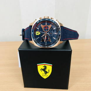 Scuderia Ferrari – AERO Rose Gold Plated Chronograph: This large men's Scuderia Ferrari Aereo watch has a PVD rose plating case and is powered by a chronograph quartz movement. It is fitted with a blue leather strap and has a dark blue dial. The watch