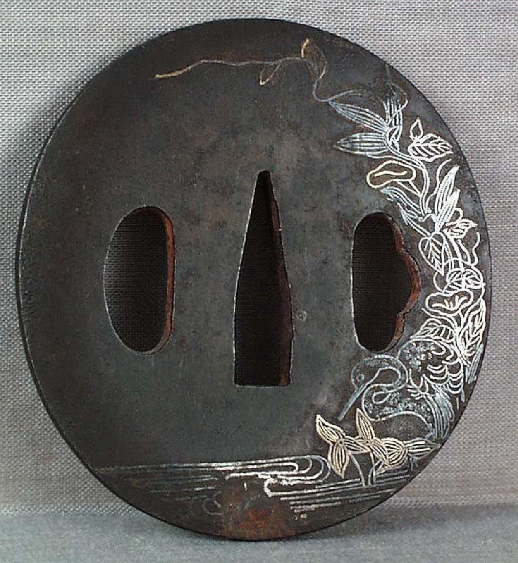 Antique Japanese Sword Tsuba Heron by Stream (1 of 3)