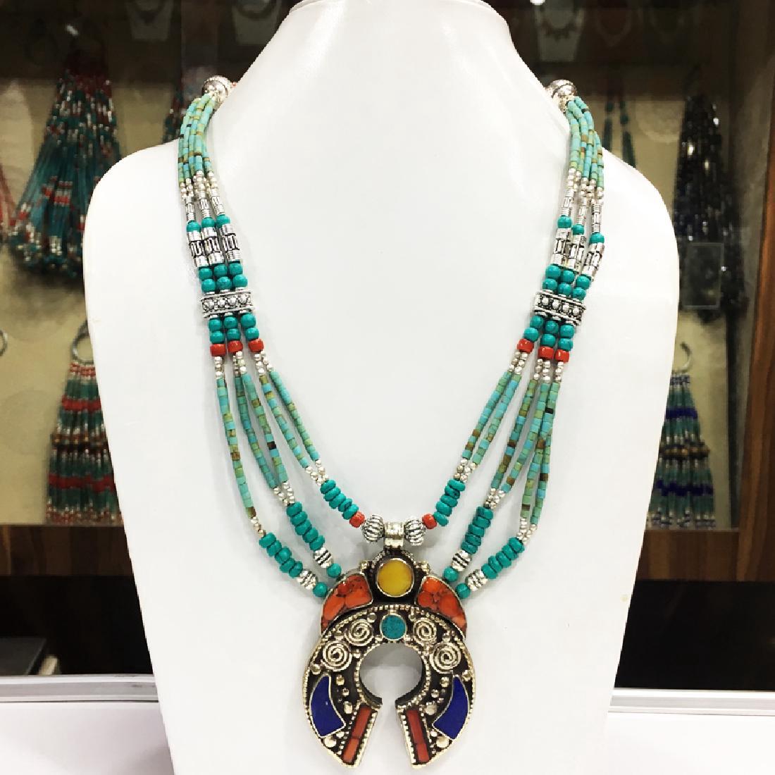 Tibetan Silver Handmade Turquise Coral Pendant Necklace (1 of 1)