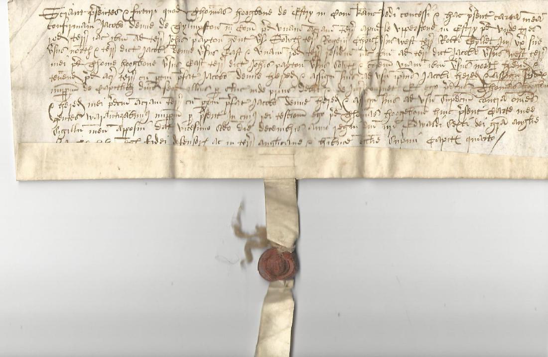 1550 English Vellum Grant Reign of Edward VI Fine Seal: 1550 English vellum Grant from the short reign of King Edward VI being the conveyance of property in the county of Kent from Thomas Hoogbone to James Denne. In Latin with docket on verso. Vellum seal