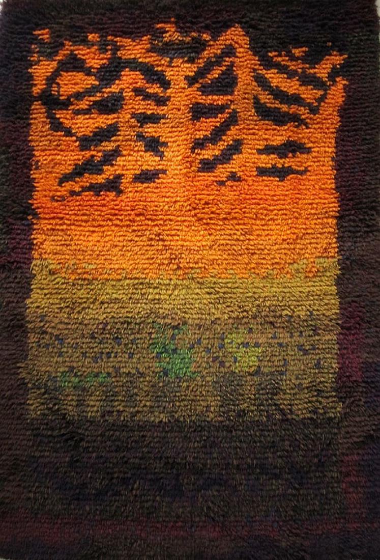 Scandinavian Handmade Hanging Rya Finland Rug 5.8x3.11: A hand-weaved Scandinavian wall hanging rya rug from Finland, handmade in 1960s. Thick, pure wool with long piles. Size 176 x 120 cm. Designed by Ritva Puotila (born 1930), a famous rya designer from