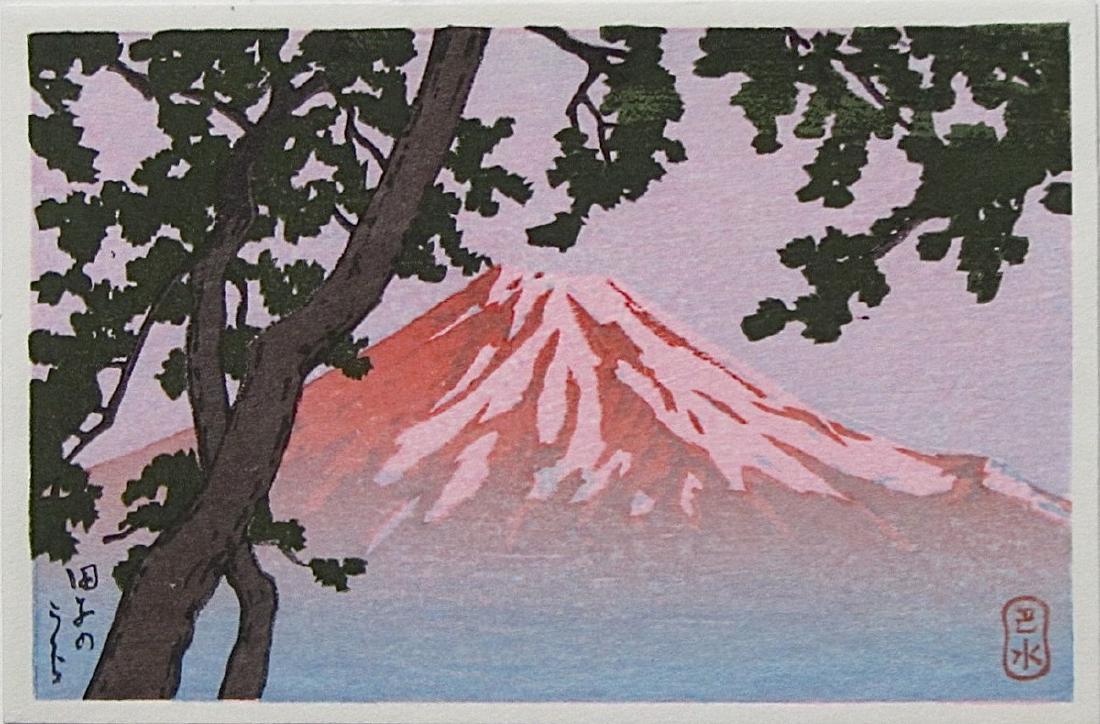 Kawase Hasui Woodblock Mount Fuji from Tago: Artist: Kawase HASUI Subject: Mount Fuji from Tago Publisher: Watanabe Signature: Hasui Date: 1930s Medium: Japanese Woodblock Print Format: koban, 15.2 x 10 cm Condition: Fine impression, color and c
