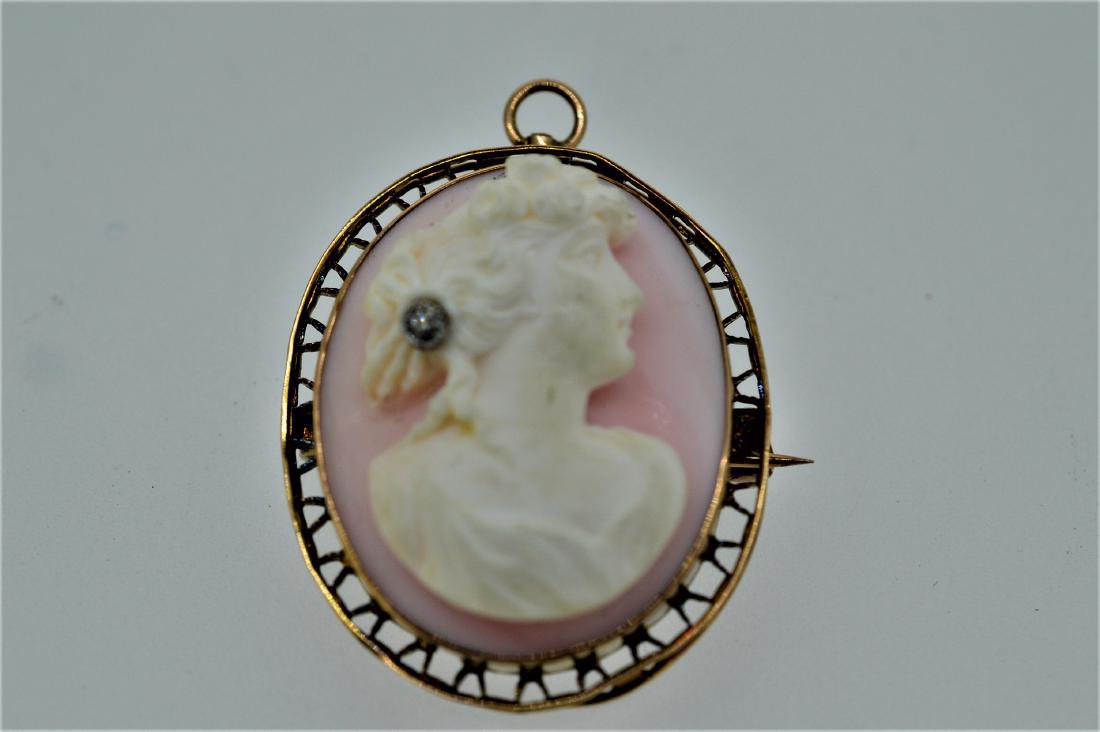 10k Gold Soapstone Diamond Cameo Pin, .02ct (1 of 2)