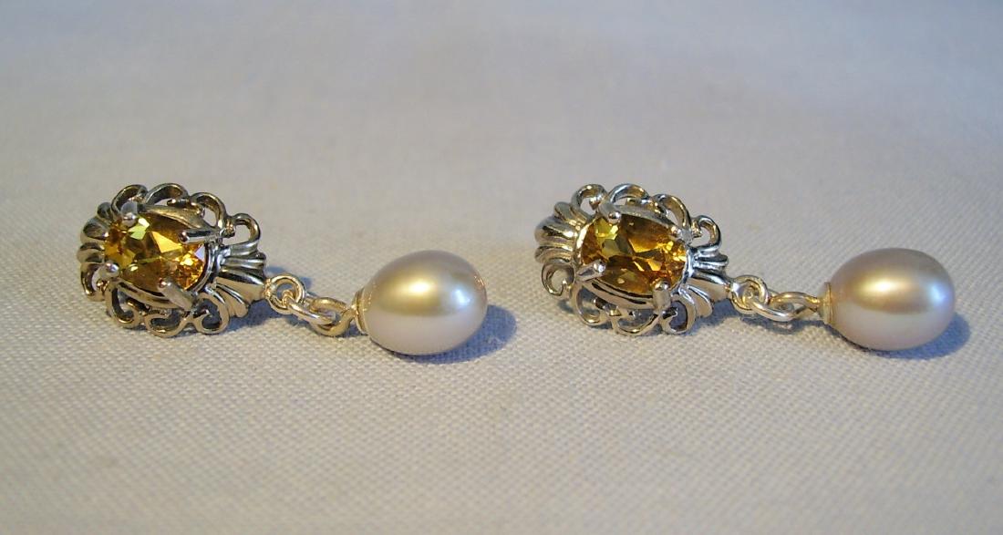 Sterling Silver Citrine Light Grey Pearls Earrings, 2ct (1 of 5)
