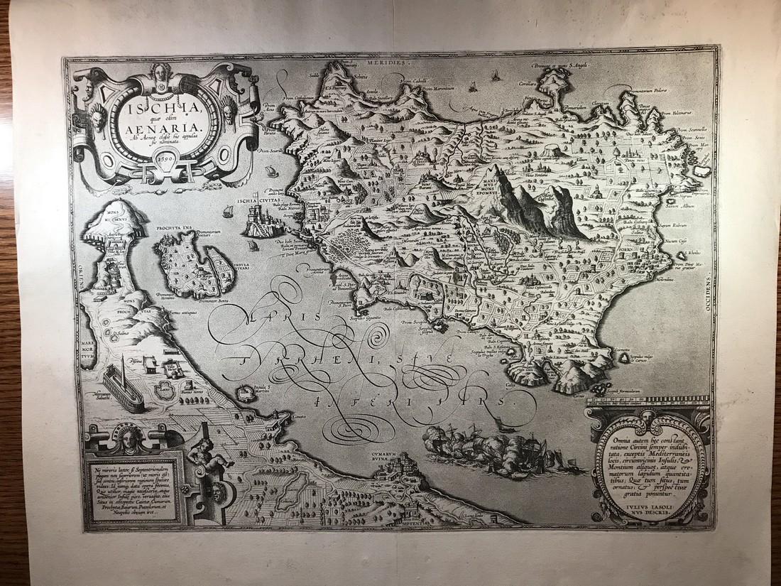Ortelius Antique Map: Ischia: Title/Content of Map: Ischia Date Printed: 1595 Cartographer: Abraham Ortelius Material/Medium: No color, strong impression, thick paper. Latin text on verso. From the first modern atlas- the Theatrum