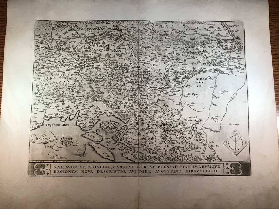 Ortelius Antique Map: Schlavoniae, Croatiae, Carniae,: Title/Content of Map: Schlavoniae, Croatiae, Carniae, Istriae, Bosniae Date Printed: 1588 Cartographer: Abraham Ortelius Material/Medium: No color, good impression, thick paper. Spanish text on verso.