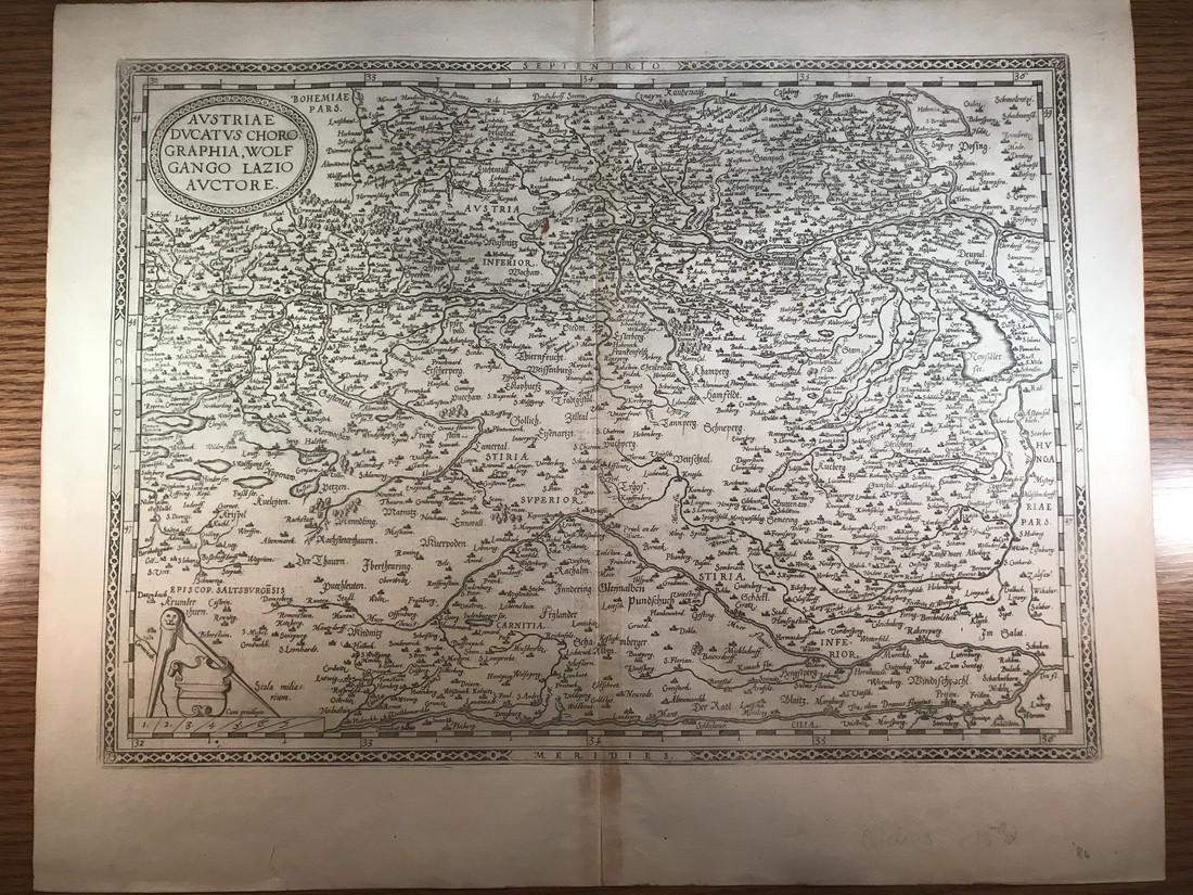 Ortelius Antique Map: Austriae Ducatus Chorographia: Title/Content of Map: Austriae Ducatus Chorographia Date Printed: 1584 Cartographer: Abraham Ortelius Material/Medium: No color, good impression, thin paper. Latin text on verso. From the first modern