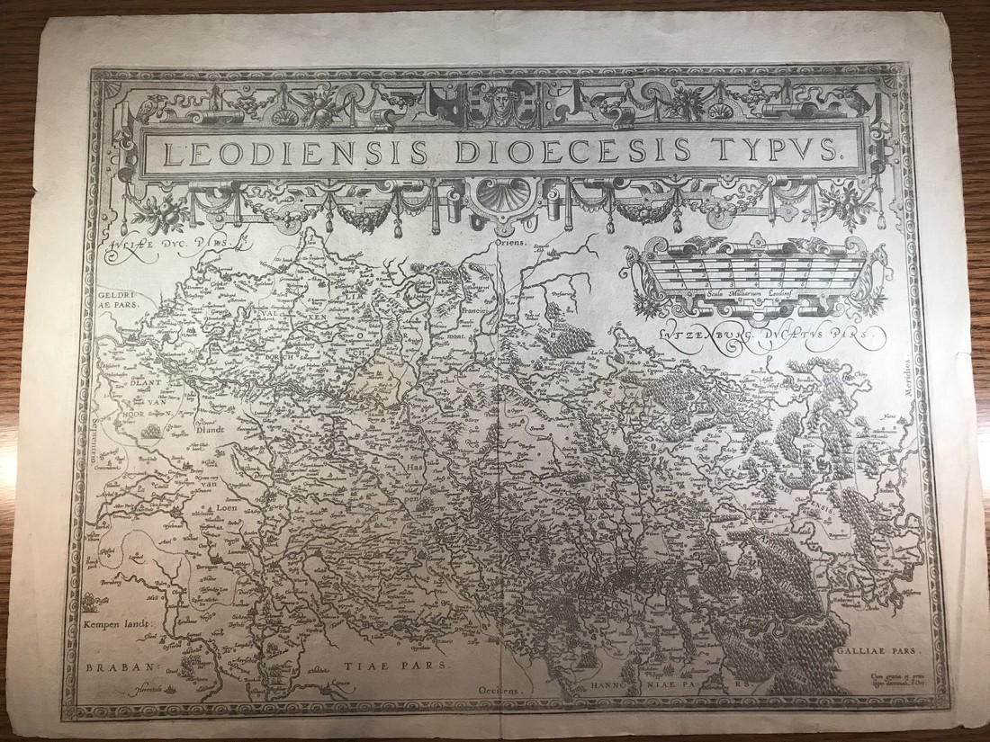 Ortelius Antique Map: Leodiensis Dioecesis Typus: Title/Content of Map: Leodiensis Dioecesis Typus Date Printed: 1588 Cartographer: Abraham Ortelius Material/Medium: No color, good impression, thin paper. Spanish text on verso. From the first modern 