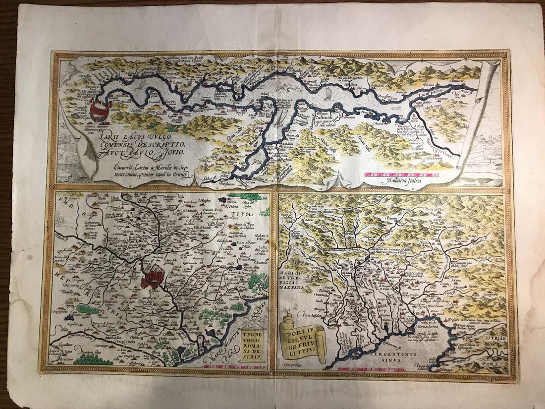 Ortelius Antique Map: Como-Romani-Friuli: Title/Content of Map: Como-Romani-Friuli Date Printed: 1574 Cartographer: Abraham Ortelius Material/Medium: Hand color, thick paper. Latin text on verso. From the first modern atlas- the Theatrum Orbi