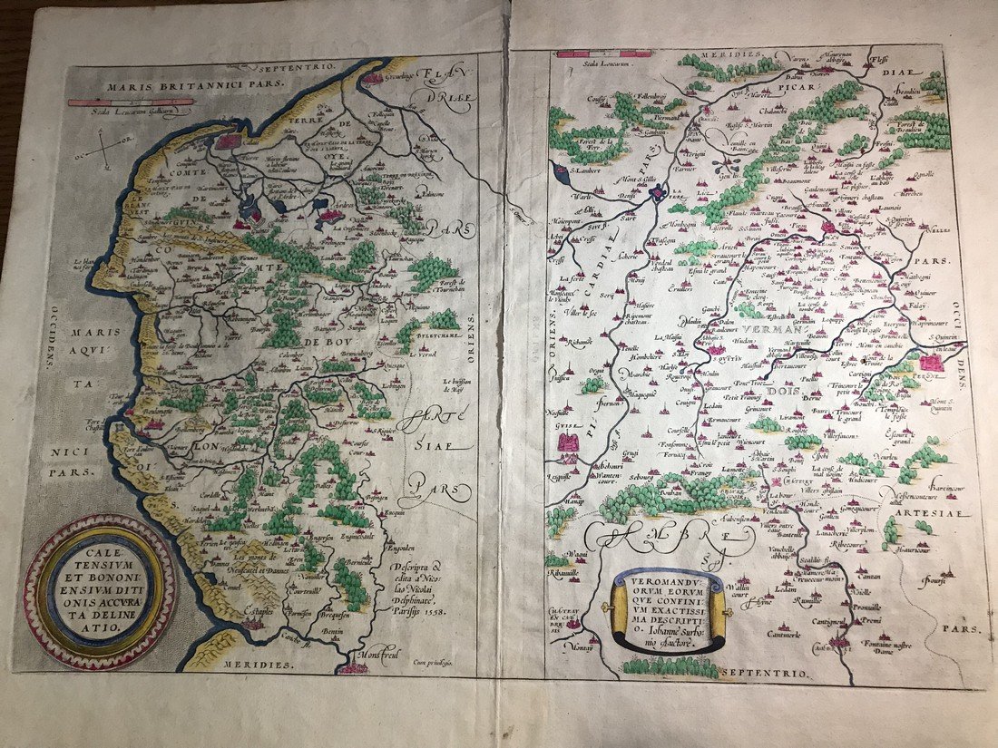 Ortelius Antique Map: Caletensium: Title/Content of Map: Caletensium Date Printed: 1574 Cartographer: Abraham Ortelius Material/Medium: Hand color, thick paper. Latin text on verso. From the first modern atlas- the Theatrum Orbis Terra